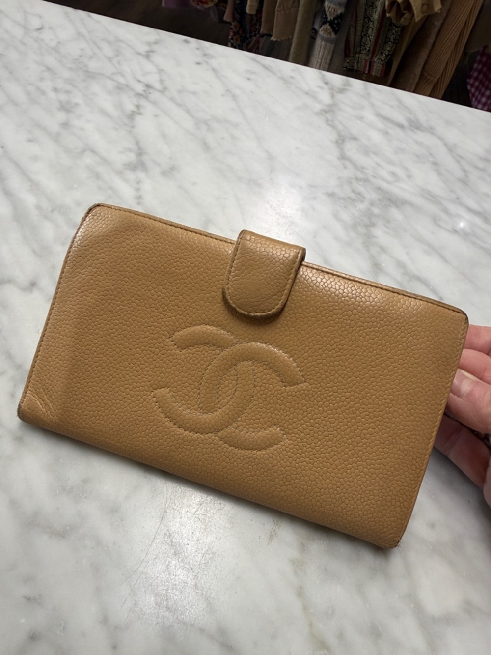 CHANEL Vintage Timeless Long Wallet in Beige Caviar Leather
